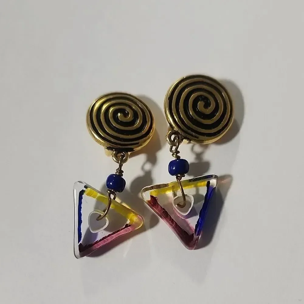 Matte Gold Clip On Earrings with Multicolor Glass Accent Drop
